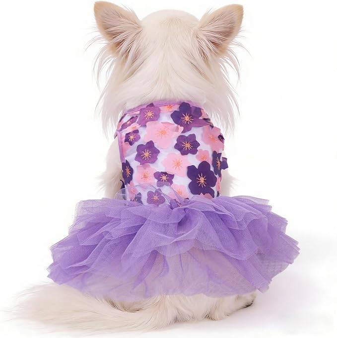 Dog Dress, Fashion Puppy Tutu Princess Dresses for Small Dogs Girl, Sweet Skirt with Dog Bowknot Clips, Spring Dog Cat Clothes Pet Apparel (Purple Floral Dress, XXX-Small)