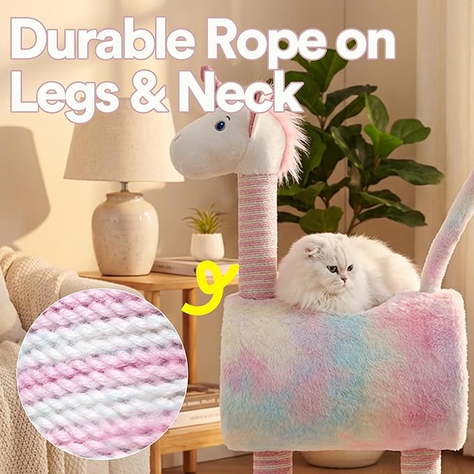 ZEZE Tunnel Cat Tree Condo for Indoor Cats, Animal-Themed Cat Tower with Cozy Tunnel Hideout, 3 Sisal Scratching Posts, Hanging Ball Toy, Thick Base (Unicorn)