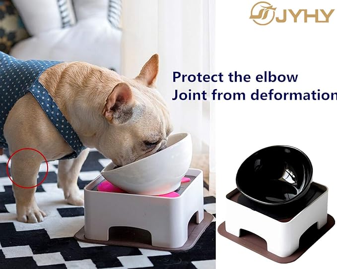 Bulldog Bowl Ceramic Dog Food Bowl - Dog Cat Dish Wide Mouth Dog Bowl Pet Sterile Tilted Pet Feeder with Anti-Skid Rubber Mat (M/1.5 Cup(Black Bowl))