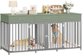 HOSTACK Double Dog Crates Furniture, 71" Wide Indoor Dog Kennel with 3 Drawers, Farmhouse Dog Cage for 2 Large/Medium Dogs, Heavy Duty Dog Crate with Removable Room Divider, Wooden Pet House, Green
