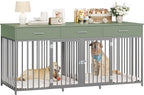 HOSTACK Double Dog Crates Furniture, 71" Wide Indoor Dog Kennel with 3 Drawers, Farmhouse Dog Cage for 2 Large/Medium Dogs, Heavy Duty Dog Crate with Removable Room Divider, Wooden Pet House, Green