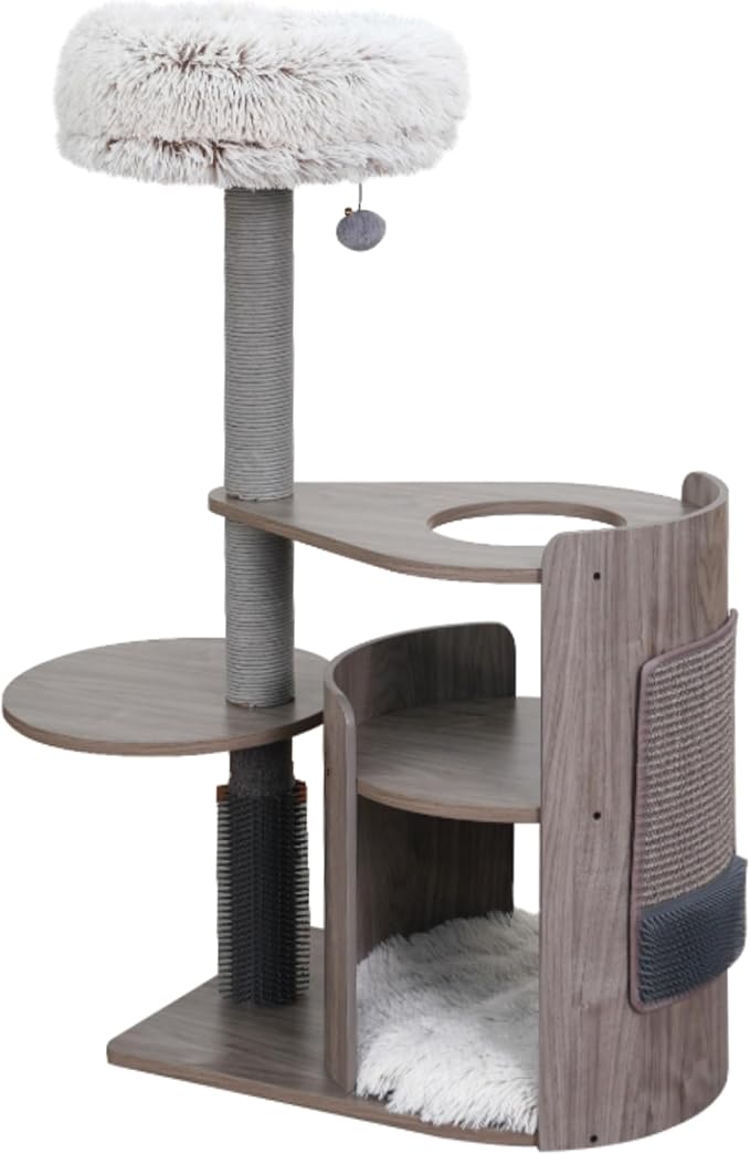 PetPals Modern Design Cat Tower, Wooden Cat Tree with Recycled Paper Rope Scratching Posts, Sisal Mat, Soothing Self Grooming Massager, Removeable Bed (Taupe)