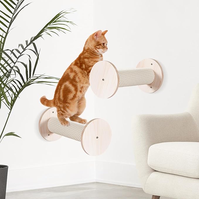 Cat Wall Furniture 11.8 Inch Cat Wall Steps for Wall Mounted Cat Wall Floating Ladder Cat Stairs for Scratching Wooden Cat Climbing Shelves with Hemp Rope for Indoor Cats or Kitty, 2 Pcs