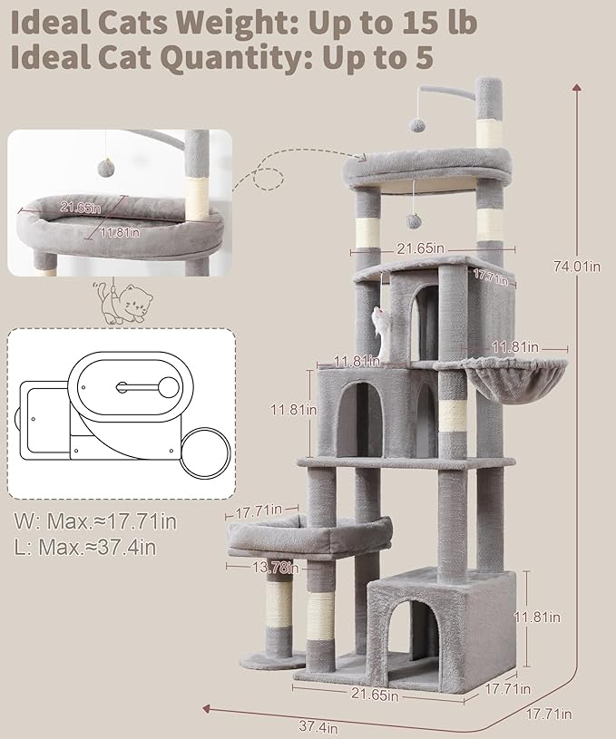 Heavy Duty Cat Tree for Indoor Cat, 74 Inch Cat Tower with Scratching Post, Hanging Basket, Cat Condo with Large Platform for Large Cats, PMT04GY, Grey