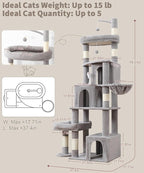 Heavy Duty Cat Tree for Indoor Cat, 74 Inch Cat Tower with Scratching Post, Hanging Basket, Cat Condo with Large Platform for Large Cats, PMT04GY, Grey