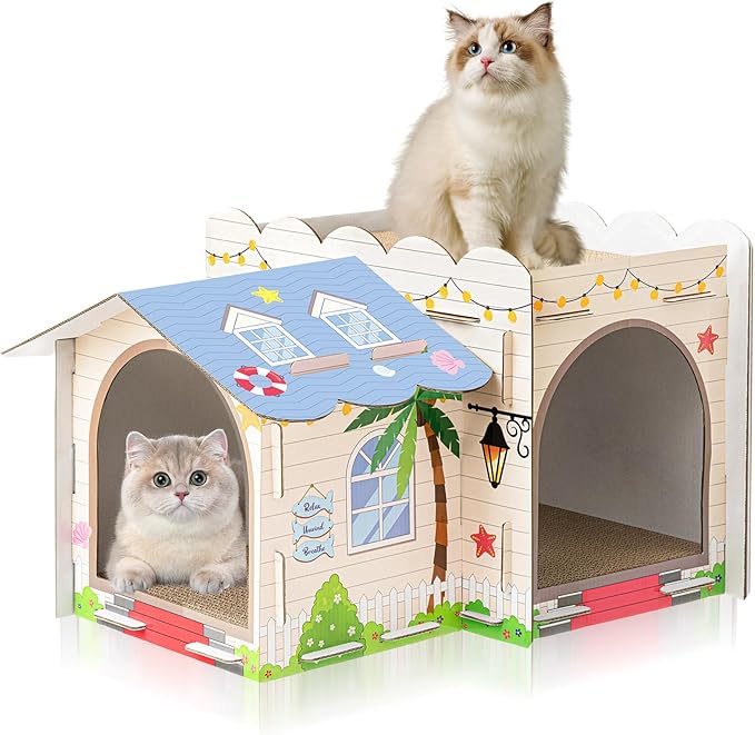 2 Story Cardboard Cat House with Scratcher Pad for Small Kitten,17x12x10 Multi Level Durable Cat Condo & Villa for Bunny Rabbit Small Animals Christmas Birthday Gift(17x12x10,Beach)