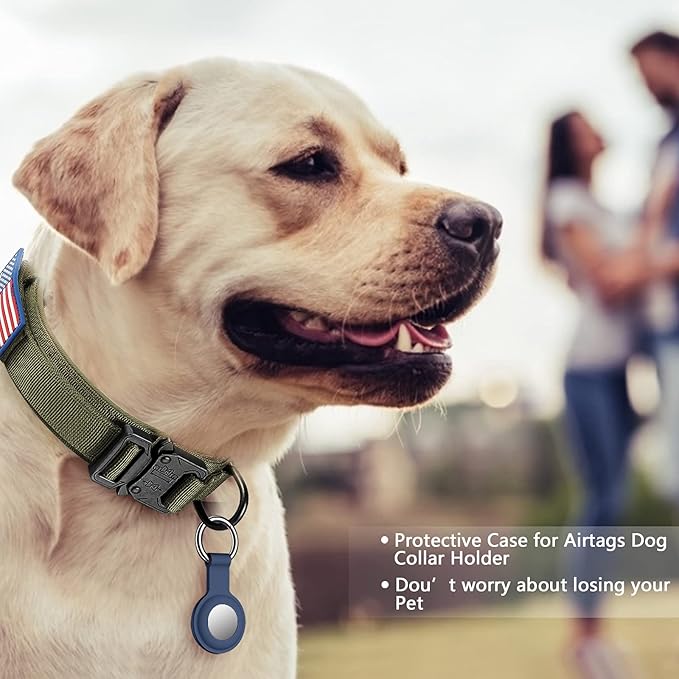 DAGANXI Tactical Dog Collar, Adjustable Military Training Nylon Dog Collar with Control Handle and Heavy Metal Buckle for Medium and Large Dogs, with Patches and Airtags Case (XL, Green-Set)