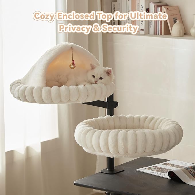 Dogpals 2-in-1 Cat Desk Bed: 360° Rotating & Height Adjustable Cat Tree with Semi-Enclosed & Open Layers, No-Drill Clamp for Desk up to 1.18" Thick, Supports 9lbs for Office