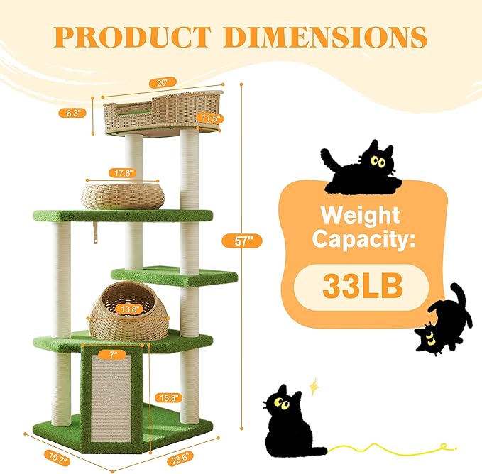 SHA CERLIN 57-Inch Cat Tree Tower for Indoor Cats, Multi-Level Cat Condo with 3 Rattan Woven Beds, Plush Platforms, Sisal Scratching Posts & Interactive Toys - Green Cat Furniture
