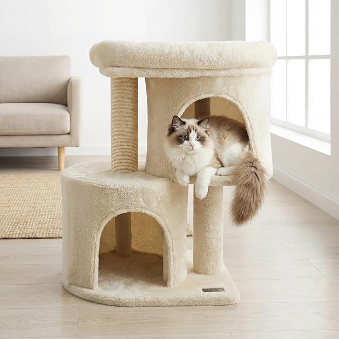 PETSITE 26-inch Small Cat Tree, with Sisal Scratching Post, Double Comfy Condos, and Spacious Top Perch, Ideal for Indoor Cats and Kittens (Beige)
