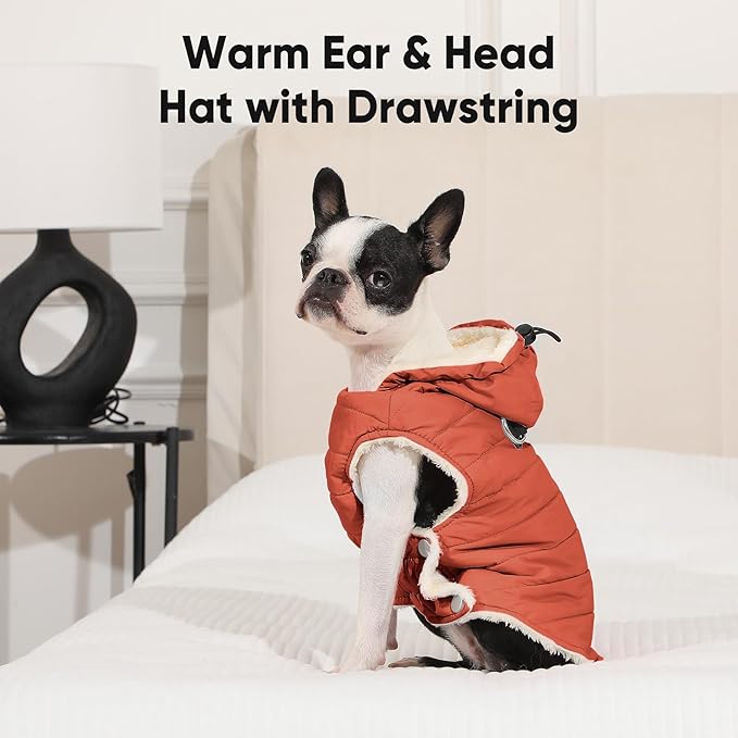 Fleece Lining Dog Hoodie with Harness Built in,Extra Warm Medium Dog Jacket in Winter Doggie Coats with Drawstring Hooded,Orange L