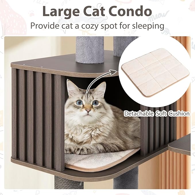 PETSITE 59.5 Inches Modern Cat Tree, Multi-Level Cat Tower with Scratching Posts, Large Condo with Removable Pad, Cushioned Soft Top Perch, and Interactive Dangling Ball (Grey)