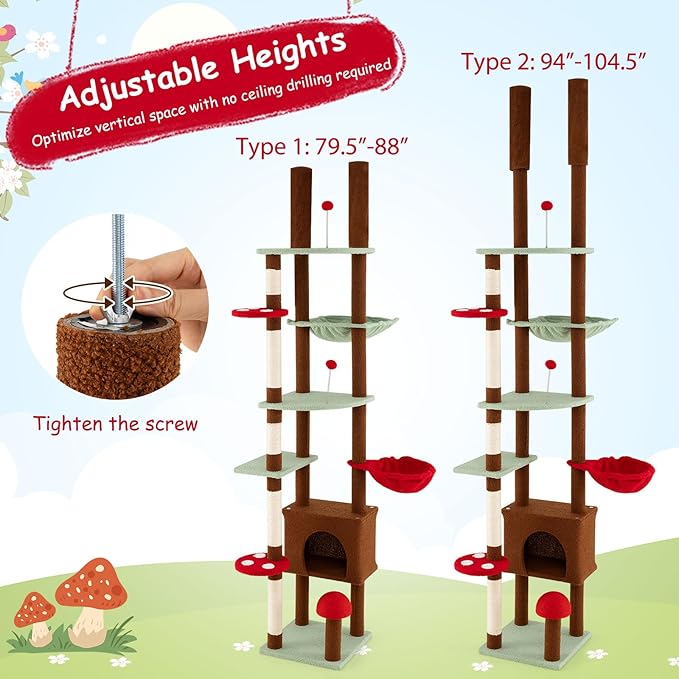 PETSITE Mushroom Floor to Ceiling Cat Tree, 79.5-104.5 Inches Height Adjustable Cute Ceiling Cat Tower with Sisal Scratching Posts, Condo, Side Basket Bed, Spring Toy, and Multiple Jumping Platforms