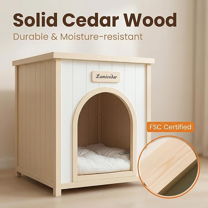 Wooden Dog Crate Furniture, Side Table Dog House for Indoor Small Dogs, Modern End Table with Cushion