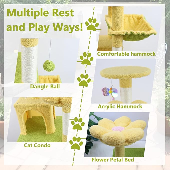 71 inch Flower Cat Tree, Multi-Level Cat Tower with Large Condo Removable Flower Cushion and Hammock, Tall Cat Tree for Indoor Large Cats Climbing, Scratching, and Play (Yellow)