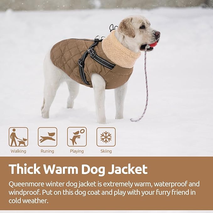 Queenmore Dog Coats for Large Dogs, Dog Jacket, Warm Fleece Winter DogCoat with Harness Built in, Back Zipper Pet Jacket for Large Breeds, Thick Fleece Lining Pet Snowsuit, Brown 2XL