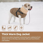 Queenmore Dog Jackets for Medium Dogs, Dog Coat with Harness Built in, Waterproof Pet Winter Coat with Zipper On Back Doggy Snowsuits Warm Soft Pet Jacket for French Bulldog, Poodle, Corgi, Brown M