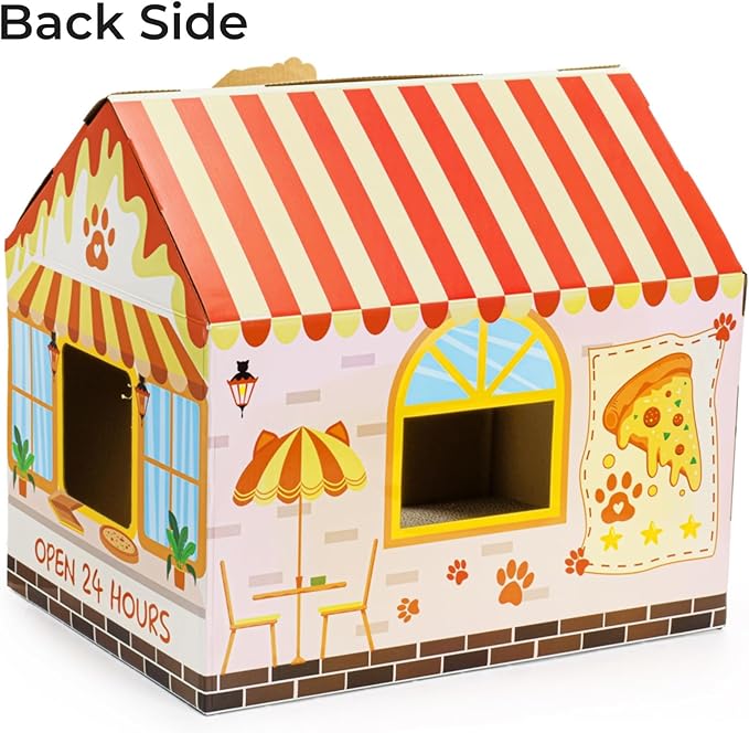 2 Pack Cardboard Cat Houses with Scratcher, 16.5''x12.25''x15'' Cat Hideaway Playhouse, Kitty Scratching Beds for Indoor Cats, Pizza Shop Cat Furniture Condo Cave Tent for Bunny Small Animals