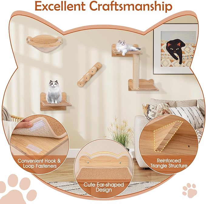 Tangkula Cat Wall Shelves, 4 Pieces Wooden Wall Mounted Kitten Furniture Set with Hammock, 2-Step Cat Tree, Non-Slip Pads, Sisal Stairs & Scratching Posts, Modern Cat Climber Steps (Natural)