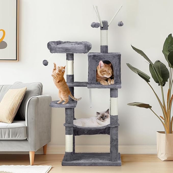 57" Cat Tower for Indoor w/Cat Toy Balls, Modern Cute Cat Tree for Cats Kittens, Multi-Level Cat Activity Tree w/Scratching Posts, Cat Cave Condo,for Indoor Cat Kitty as Pet Play House Activity Center