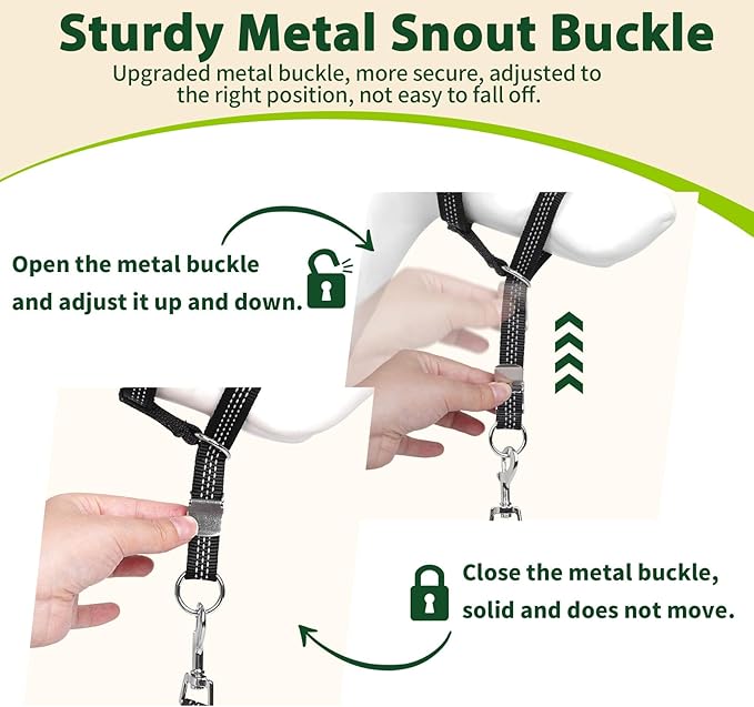 BARKLESS Sturdy No Pull Head Collar for Medium Large Dogs, Gentle Reflective Head Halter with Safety Link, Adjustable Nylon Dog Training Muzzle Leash for Walking Control (Green, M)