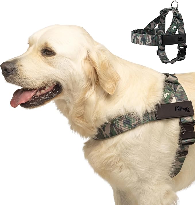 DF Co. Dog Harness | Chafe Resistant Webbing, Adjustable Neck & Chest, and Heavy Duty D-Ring | Sturdy, Comfortable, Easy to Use | Green Camo, Size XL