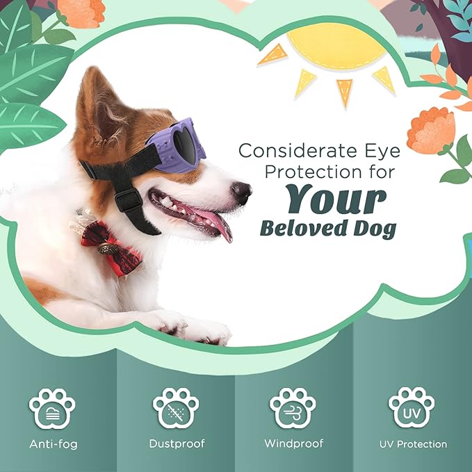 Lewondr Small Dog Sunglasses UV Protection Goggles Eye Wear Protection with Adjustable Strap Doggy Heart Shape Anti-Fog Sunglasses for Pet Dogs Sun Glasses Doggie Windproof Glasses, Macaron Purple