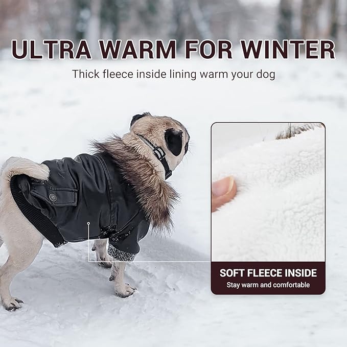 LESYPET Dog Leather Jacket for Small Dogs, Waterproof Dog Winter Jacket Puppy Coat with Fleece Lined, Ultra Warm Fur Collar Doggie Coat, Black X-Large