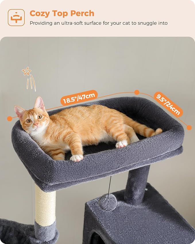 PEQULTI 56.3'' Cat Tree for Large Cats with Super Large Top Perch, Tower for Indoor Cats with Hammock and Sleeping Bag, Cat Shelves with Scratching Posts and 2 Condos Houses Dark Grey