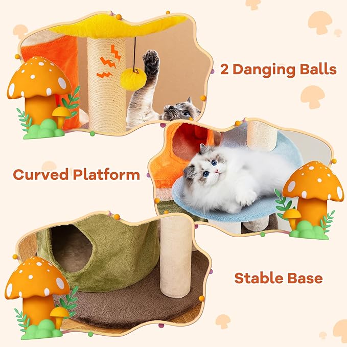 Tangkula Mushroom Cat Tree, 43 Inch Cute Cat Tower with Sisal Scratching Posts, Dual Cozy Condos, Padded Platforms, 2 Pompom Dangling Balls, Multi-Level Modern Cat Tree Tower for Indoor Cats