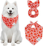 E-Clover Mother's Day Heart Dog Bandanas & Matching Scrunchie Set Cute Girl Dog Scarf Bibs Pet Bandana with Bow Tie for Medium Large Dogs Owner Mom Red Pink