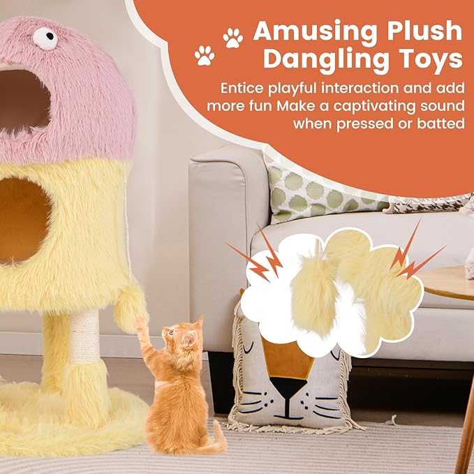 PETSITE 37 inch Monster-Themed Cute Cat Tree, Modern Cat Tree Tower with 2 Cat Condos, Sisal Scratching Posts and Hanging Sound-Making Toys for Indoor Cats