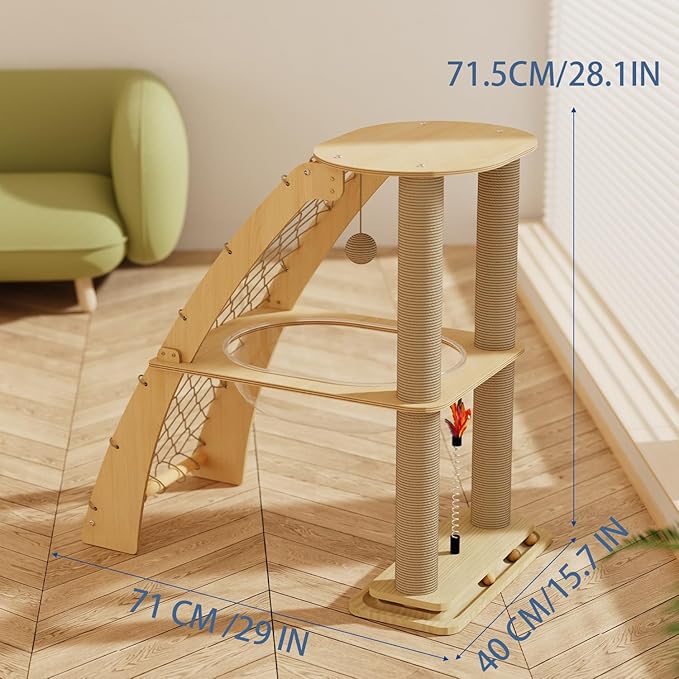 Wood Cat Tree Tower for Indoor Cats with Scratching Posts, Modern Cat Tree Cat Condo, Hammock, and Climbing Web Cat Track Toy with Spinning Balls, 15.7in Full Sisal Scratching Posts