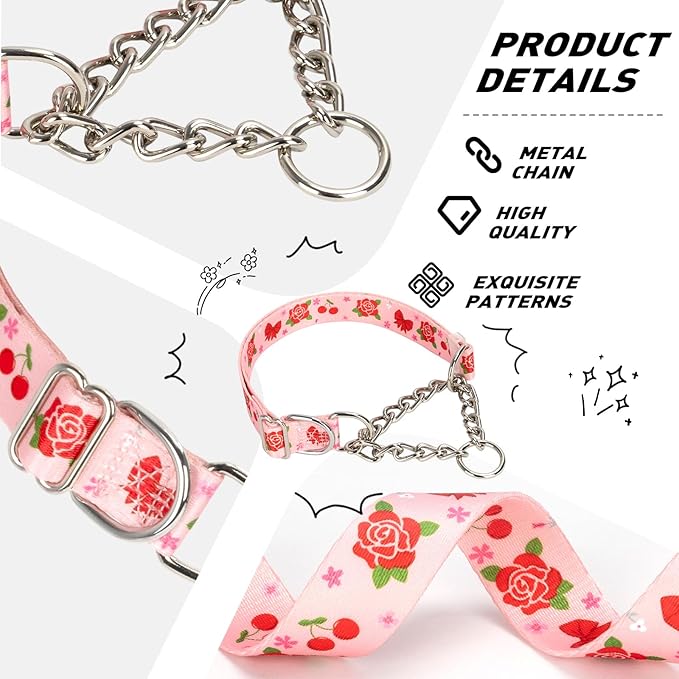 No-Pull Martingale Dog Collar with Chain, Reflective Adjustable Training Collar with Rose Flower Design for Medium, Large, XL Dogs(Medium)