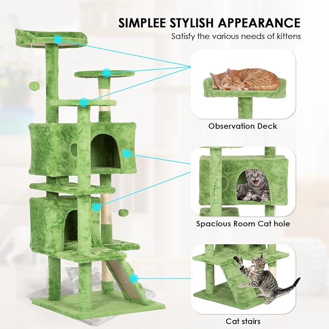 Cat Tree 53 inches Cat Tower for Indoor Cats Cat House with Replaceable and Removable Dangling Ball Cat Trees and Towers with Funny Toys, Green