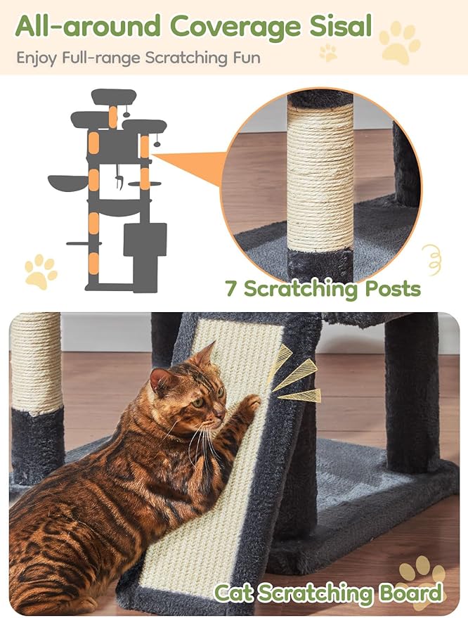 Taoqimiao 76-Inch Cat Tree XXL for Large Cats, Giant Cat Tower with Scratching Board, Extra-Large Metal Hammock, 3 Perches, 7 Sisal Posts, 2 Big Condos, Hanging Basket, Smoky Gray, MS047G