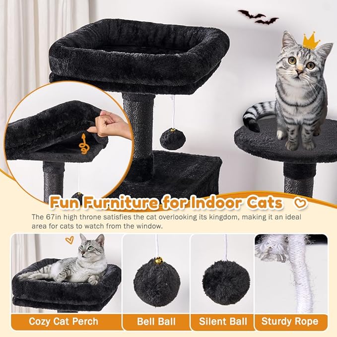 Heavy Duty Cat Tree,67in Multi-Layered Tall Cat Tower for Indoor Large Adult Cats,XL Compact Cat Stand with Hammock,Sisal Scratching Post,Removable Plush Perch,Condo,Dark Gray (Black)
