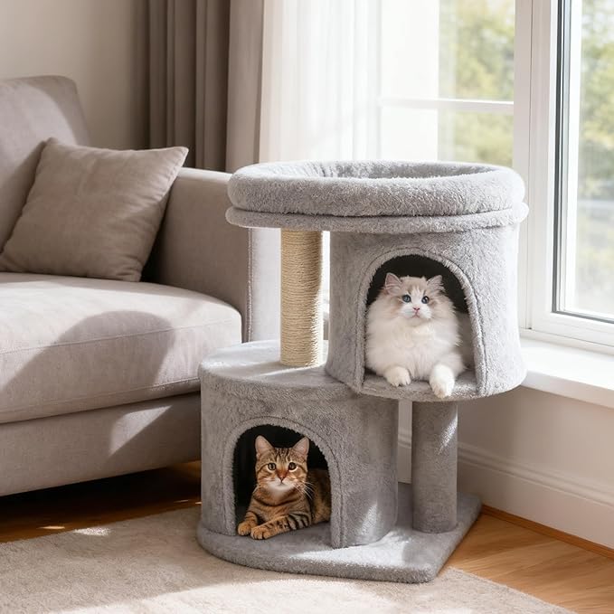 Tangkula Small Cat Tree for Indoor Cats, 26 Inch Cat Tower with Sisal Scratching Posts, Dual Cat Condos with Large Padded Push Perch, Modern Cat Climbing Furniture Activity Center (Light Grey)