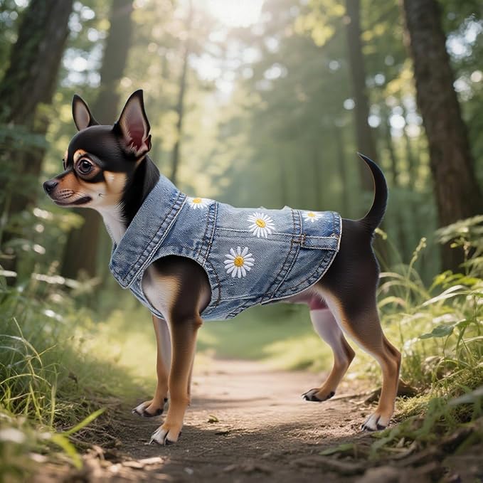 Pet Clothes Vintage Denim Dog Jacket with Daisy Embroidery - Puppy Stylish Pet Coat for Chihuahua, Yorkie Small Breeds - All-Season Comfort (Light-Blue,Large)