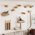 BYBYME 8 Pcs Cat Wall Climbing Set, Wood Cat Furniture with Scratching Posts, Kitten Perch, 100CM Sisal Rope & Cat Bed, Wall Mounted Cat Shelves for Sleeping, Playing & Relaxing（Natural Wood）