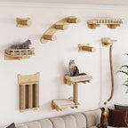 BYBYME 8 Pcs Cat Wall Climbing Set, Wood Cat Furniture with Scratching Posts, Kitten Perch, 100CM Sisal Rope & Cat Bed, Wall Mounted Cat Shelves for Sleeping, Playing & Relaxing（Natural Wood）