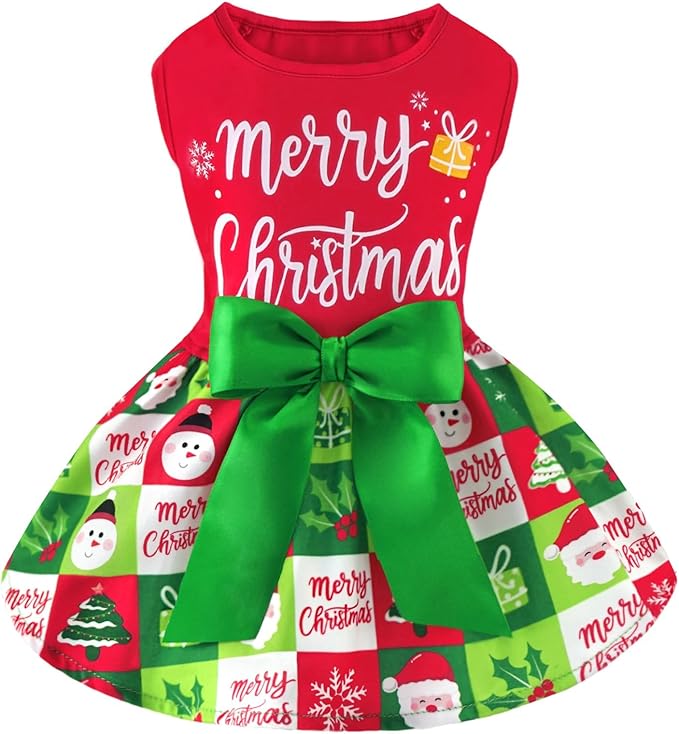XPUDAC Dog Christmas Outfit Dog Dress Holiday Puppy Clothes for Small Dogs Girl, Pet Costume Cat Outfits Green Red-M