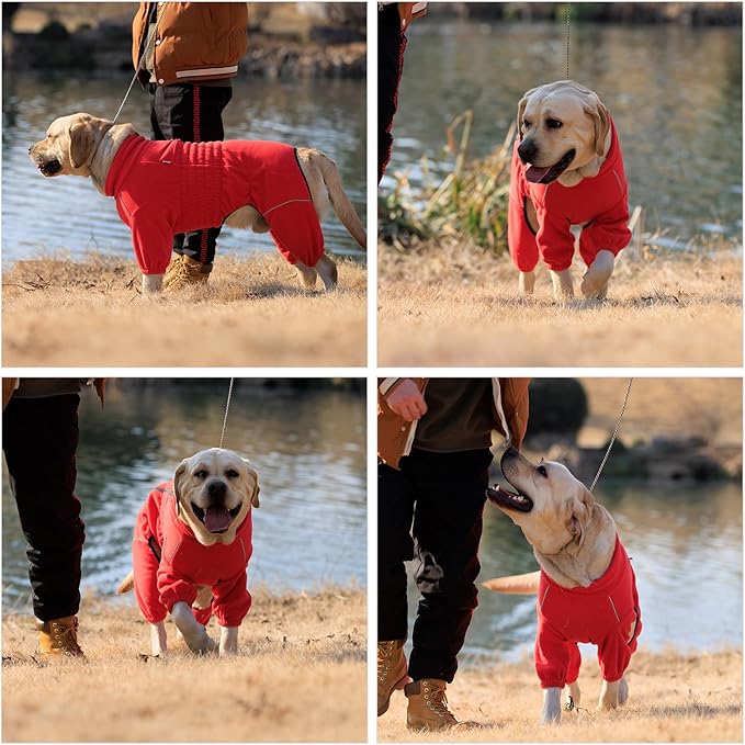 Lovelonglong Warm Dog Coat, Windproof Jacket for Small Medium Large Dogs, 4 Legged Fleece Winter Coat with Zippered Closure, Red XXXXL