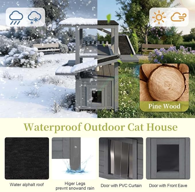4-Tier Outdoor Cat Tree with Shelter, Wooden Cat Tower with Scratching Post, Cat Outdoor Enclosure, Weatherproof Roof, Easy Assembly, Pine (Grey)