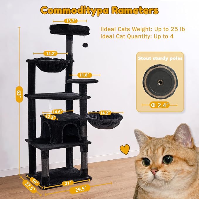Tall Cat Tree,63in Multi-Level Cat Tower for Indoor Cats Large Adult,Gothic Cat Stand with Scratching Posts,Basket,Condo,Plush Perch,Cats Toys for Climbing,Interactive and Hidden,Black