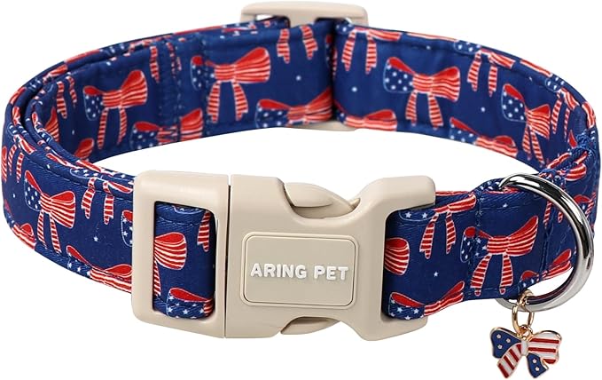 ARING PET 4th of July Collars for Dogs, Fourth of July Patriotic Bow Flag Red Blue Dog Collar for Puppy Small Medium Large Boy Girl Doggy-L