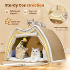 Cat Houses for Indoor Cats - Large Cat Bed Cave with Natural Sisal Cat Scratcher Mat, Solid Wood Frame Cat House with Curtains and Cat Floor Scratching Pad Rug, Protect Couch and Carpets, L