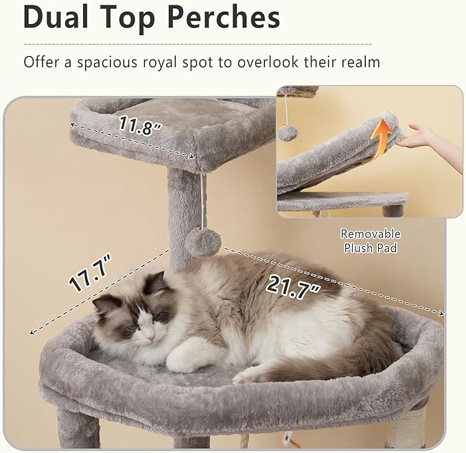 Heybly Heavy Duty Cat Tree, 64.2-Inch Tall Tower for Large Indoor Cats with Widened Structure, Cat Furniture with Big Platforms, Extra-Large Hammock, Sisal Scratching Posts & Board, Light Gray HCT027W
