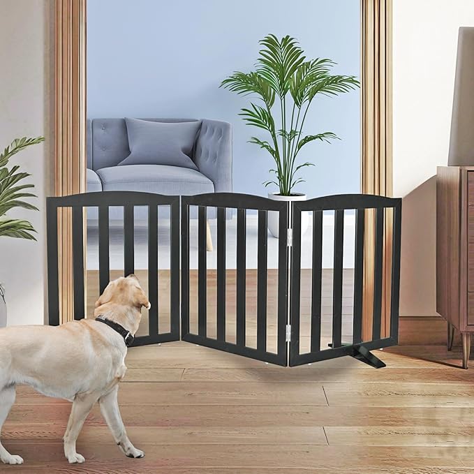 Freestanding Dog Gate Indoor,Doggie Gate Foldable Pet Gates for Doorways,Stairs or Hallways, Wooden Black Pet Gate for the House, Pet Fence with Support Feet Included,24 "Height-3 Panels