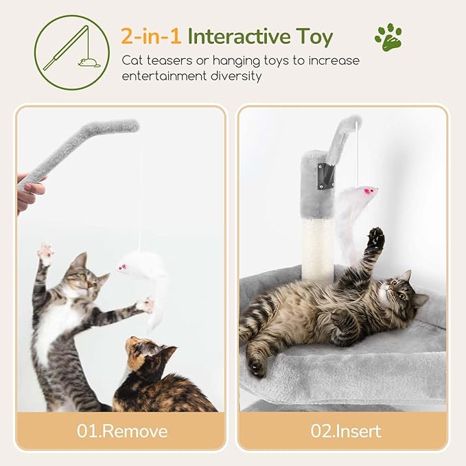 Globlazer Cat Tree for Indoor Cats Large Adult, 74in Tall Cat Tower with Scratching Post, Heavy Duty Cat Tree Tower with 2 Spacious Caves, Oversized Top Perch, Big Hanging Basket, F74B, Light Grey